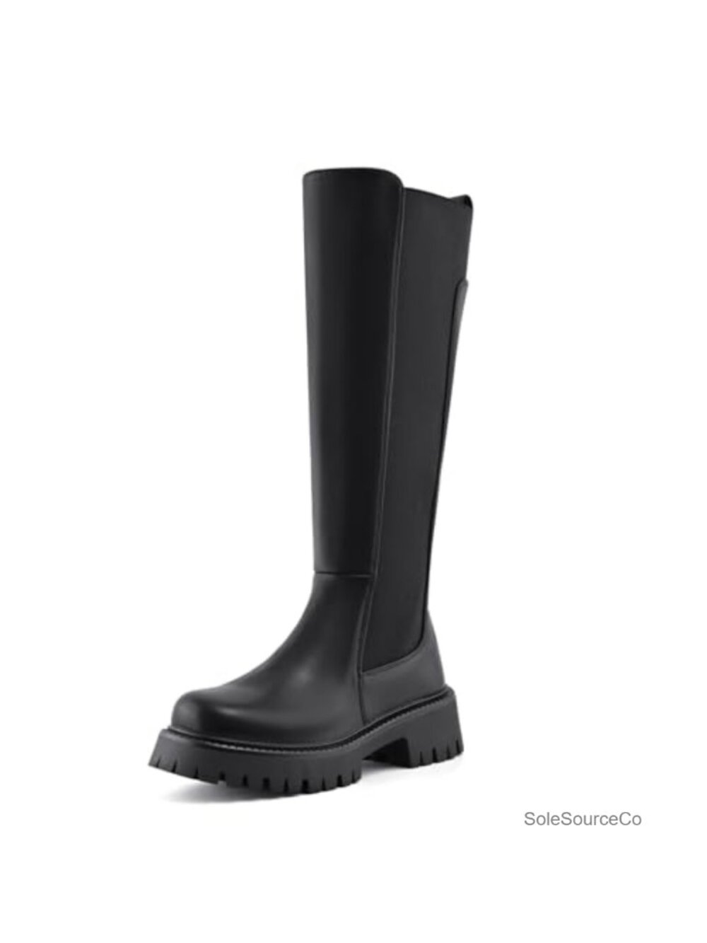 Knee High Platform Boots Stretch Elastic Gore Side Zip Lug Sole Riding